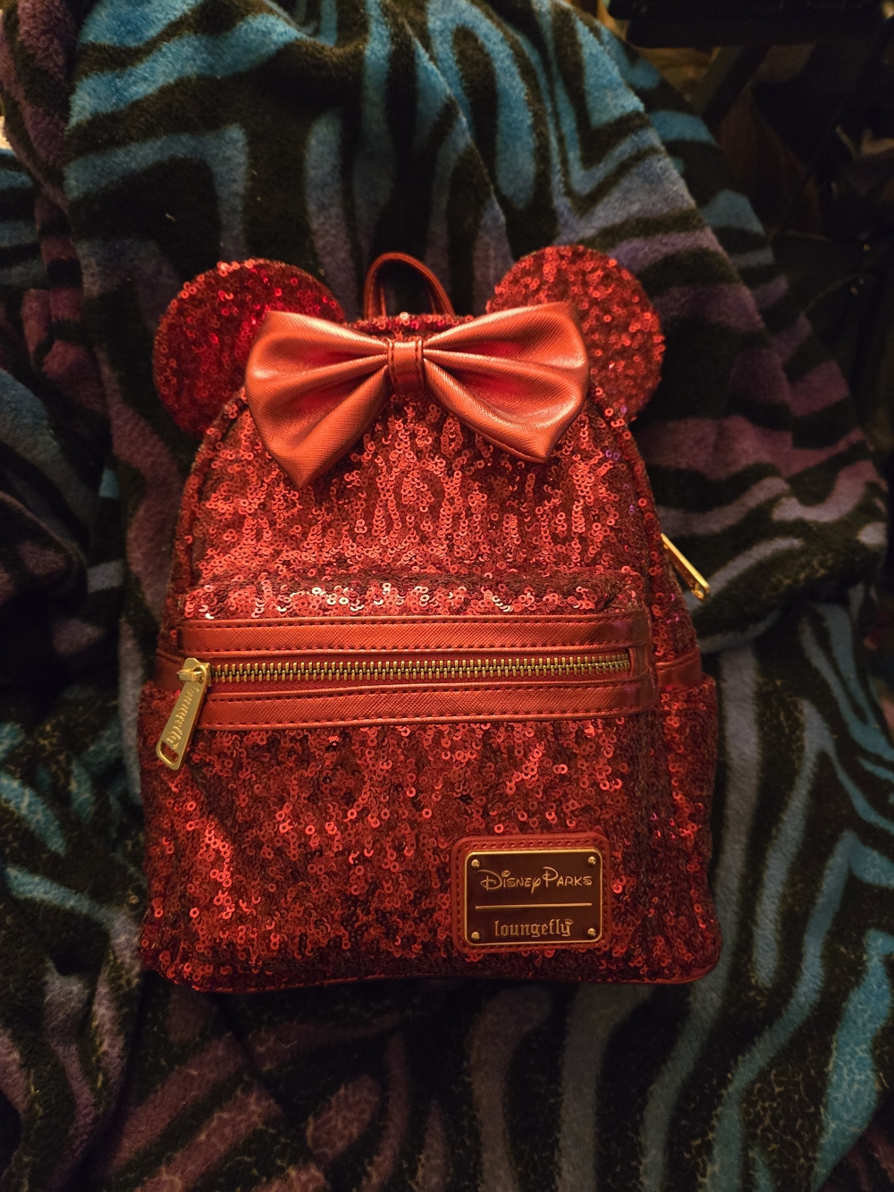 Disney Parks Official Loungefly Red Sequin Mini Backpack with Gold Plaque